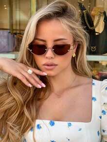 1副复古个性半框金属镜腿不对称女士时尚眼镜，欧美高品质街头时尚风格眼镜 - 彩色 - 查看 2