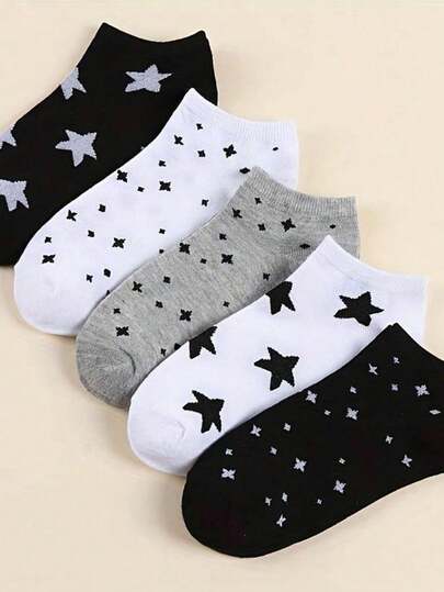 5 pares/10 pares de calcetines cortos para mujer con diseño de luna y estrelo al estilo coreano - Diseño dulce y vanguardista, tela suave y transpirable, calcetines de mujer en negro, blanco y gris, adecuados para atuendos casuales y formales, serie de calcetines lindos y versátiles, estilos juveniles y de moda