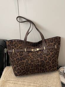 حقيبة كبيرة السعة بطراز قديم، حقيبة كتف بطبعة نمر، حقيبة يد عصرية للنساء - متعدد الألوان - مشاهدة 1