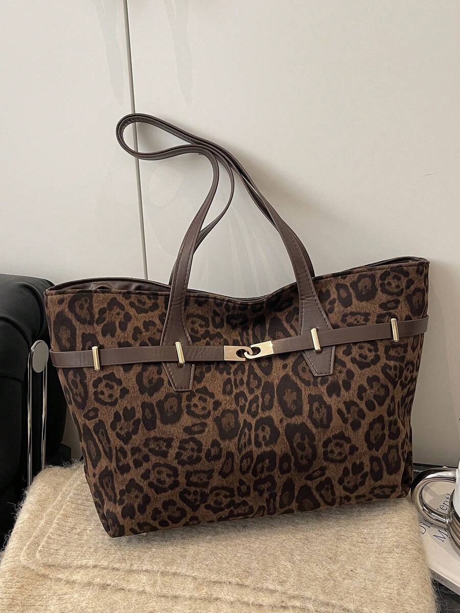 حقيبة كبيرة السعة بطراز قديم، حقيبة كتف بطبعة نمر، حقيبة يد عصرية للنساء - متعدد الألوان - مشاهدة 1