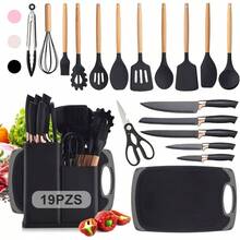 Utensilios de Cocina de Silicona, 19 Piezas Juego de Utensilios de Cocina Antiadherentes con Resistente al Calor, Juego de Cucharas para Cocinar de Incluyendo Accesorios Cocina Negro - Negro - Ver 1