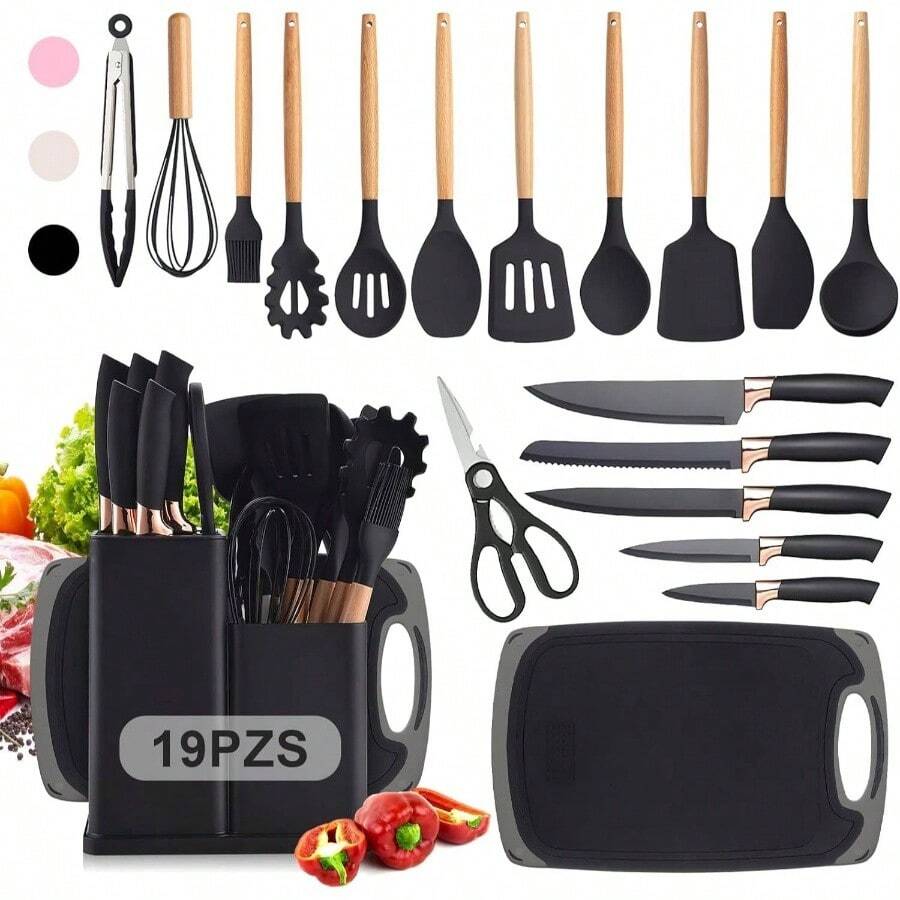 Utensilios de Cocina de Silicona, 19 Piezas Juego de Utensilios de Cocina Antiadherentes con Resistente al Calor, Juego de Cucharas para Cocinar de Incluyendo Accesorios Cocina Negro - Negro - Ver 1