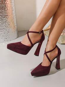 女士优雅性感时尚漆皮厚底方头交叉绑带粗跟派对假日百搭超高跟鞋 - 酒紅色 - 查看 2