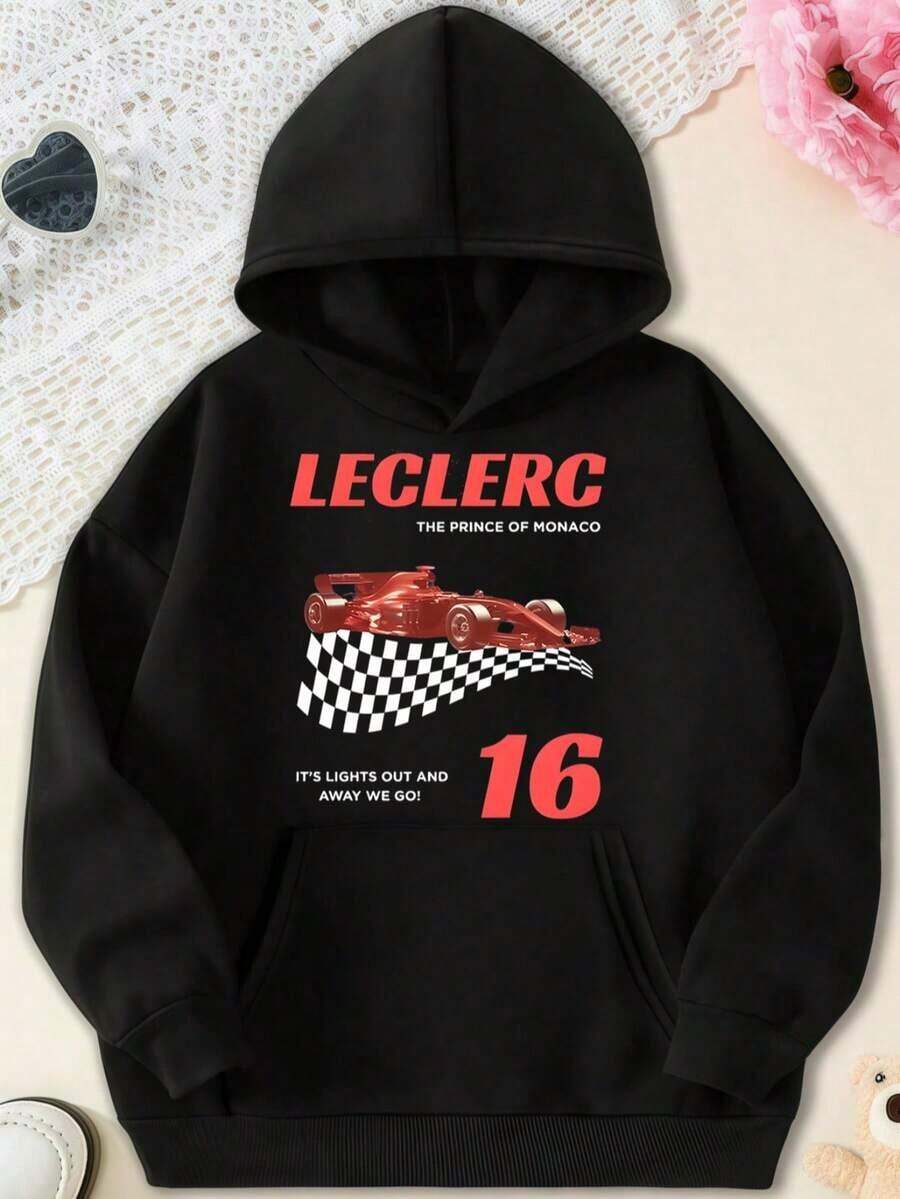Charles Hoodie, F1 Merch, F1 Hoodie, Charles Hoodie, F1 Hoodie,Art Inspired F1 Racing Charles Vertical Car & Name Graphic Hooded Sweatshirt, With Dynamic Racing Detail, Casual Wear Top Suitable For Spring Autumn Winter Machine Wash For Leisure And F1 Racing Events Including Sweatshirt Plus Size Clothesclearance For Women - 黑色 13 - 查看 1