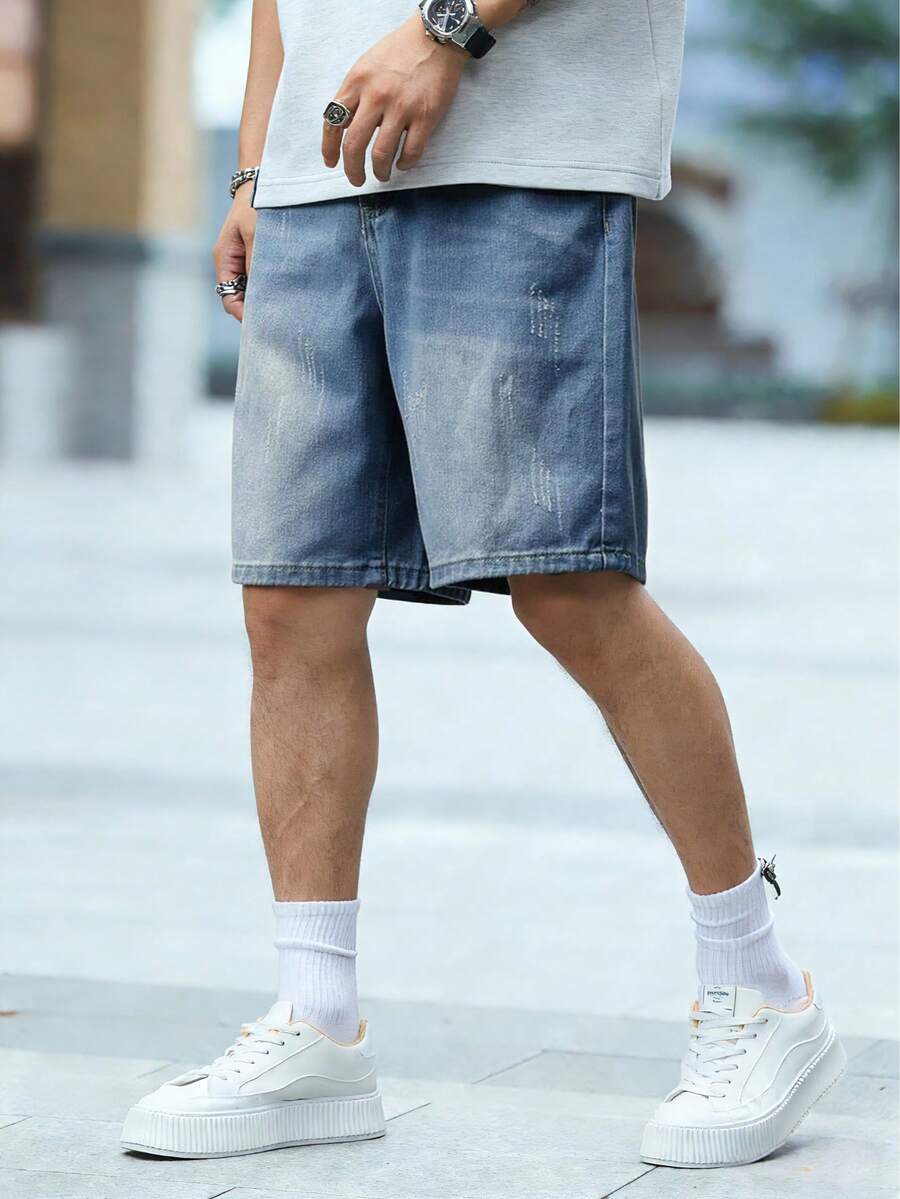 青少年男孩时尚休闲浅蓝色牛仔短裤 - 藍色 - 查看 1