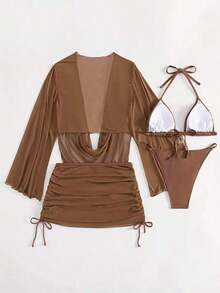 4pcs Sexy Solid Color Bikini Set With Sheer Cover-Up, Suitable For Vacation, Beach Party, Also Ideal For New Year And Valentine's Day, Exuding Elegance And Avant-Garde, Perfect Choice For Casual Women In Spring/Summer - 卡其色 - 查看 4