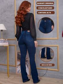 Calça Jeans Feminina Sawary Cintura Alta Flare Boca Sino Boot Cut Confortável Lycra Elastano Stetrch - Azul Marinho - Visão 3