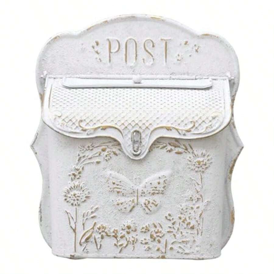Z² BellaDecor Mailbox Wall Mount Mailboxes For Outside Vintage Mail Boxes For House Outside Metal Drop Box Antique Style Nostalgic Charm Home Decorative Butterfly Pattern White - White - View 1