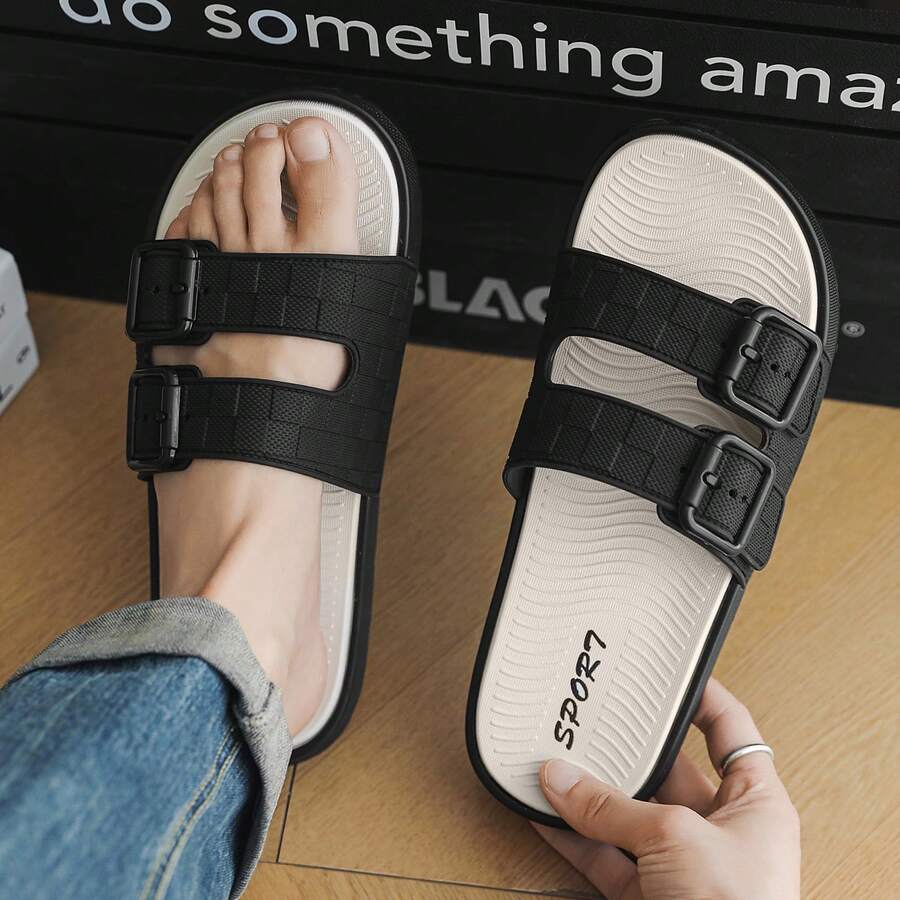 Men's Casual Slippers, Buckle Design Beach Sandals, Versatile Non-Slip Fashion Slides, Suitable For All Seasons - Black and White - View 1
