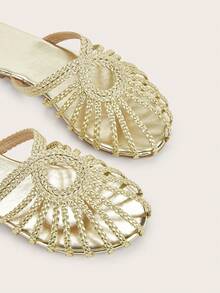 Handmade Woven Gold Twist Strap Flat Sandals For Women, Random Woven Pattern, Random Twist Design - Gold - View 5