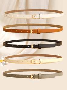 5 Packs Women Vintage Elegant Square Buckle Leather Belt, Fashion Versatile Waist Band Summer, School Fall, Autumn, Halloween - 咖啡色1條 - 查看 2