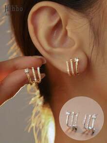 Hihho 2pcs Fashionable Personalized Glittering Cubic Zirconia Stud Earrings, Charming Everyday Wear, Dating Gift For Women Girls - Vàng - Xem 5