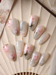 10pcs Acrylic Press On Nails Pink Light Gray White Flower Nails Press On Nail Supplies Fake Nails Short Office DailyWear False Nails Artificial Nails Kit Includes 1sheet Adhesive Tabs &1 Pc Mini File - Multicolor - View 3