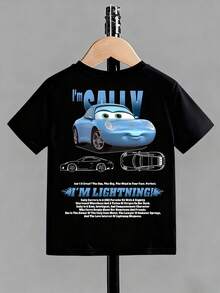 Disney Black Background Cars Sally Front And Back Print Kids' Short Sleeve T-Shirt -  And Playful Casual Top - 黑色 - 查看 2