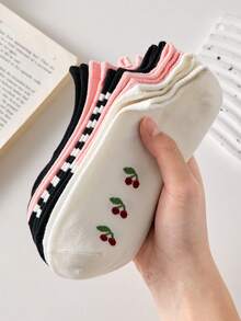 5 Pairs Women's Cute Cherry & Striped Pattern Ankle Socks, Black And Pink, Non-Slip, Breathable, Suitable For Spring/Summer - Multicolor - View 7