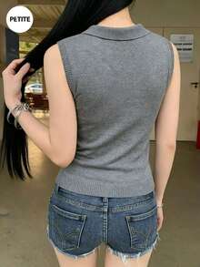 Spring Vintage Polo Collar Knit Sleeveless Top, Stylish Slim Fit Tank - Grey - View 6