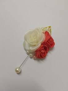 1pc Unisex Multi-Style Camellia Flower Brooch, White/Pink/Burgundy/Navy, Rhinestone Decor, Wedding/Party/Valentine's Day Accessory - 726 Beige + Orange-red - View 4