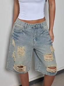 女士休闲做旧复古牛仔短裤，纯色休闲牛仔破洞时尚短裤，适合日常、旅行、机场等夏季穿着 - 復古色 - 查看 1