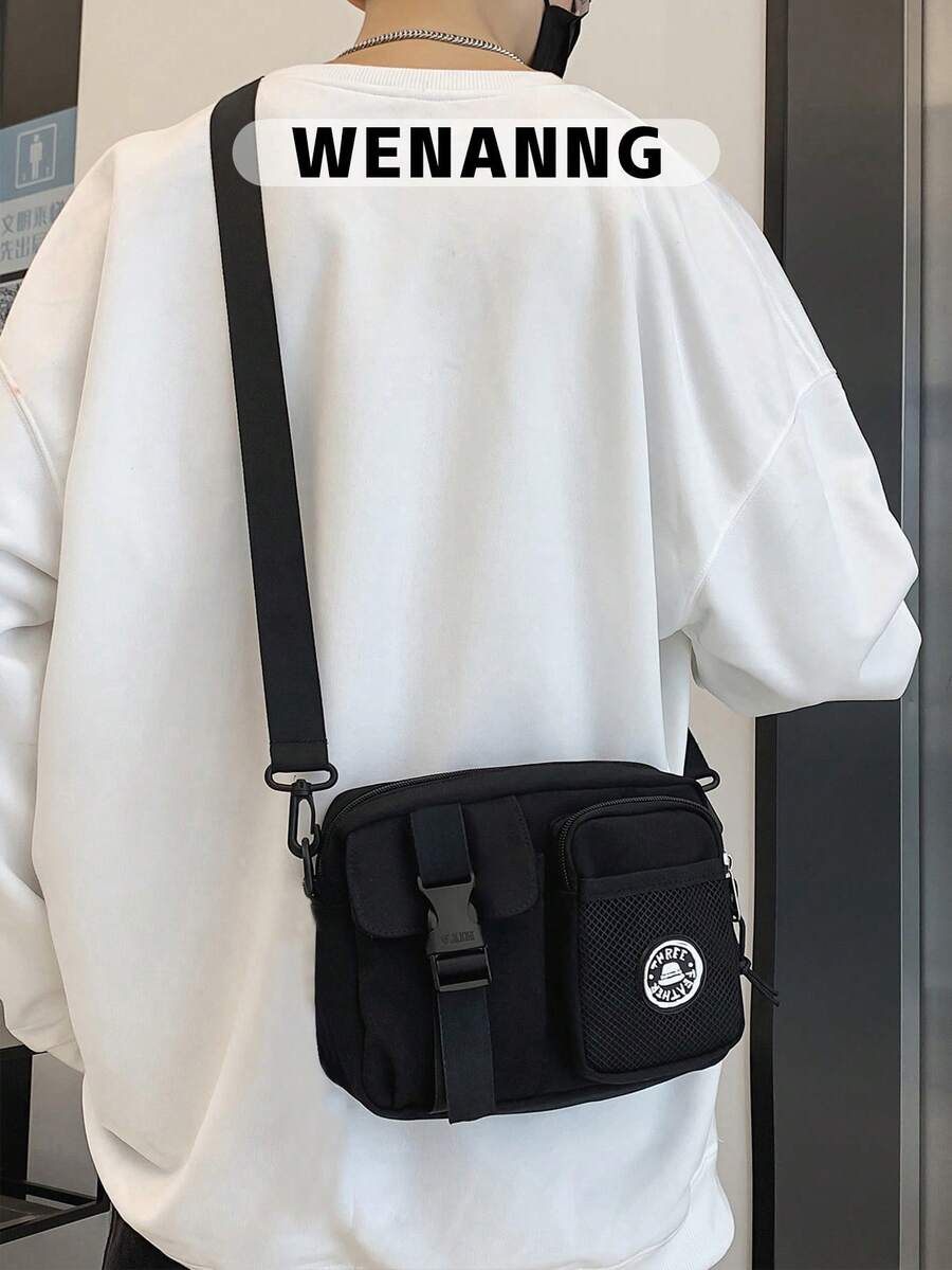 High School Students University Multifunctional Sling Bag Shoulder Bag Casual Bag Men Letter Patch Square Bag, Schoolbag For Travel, College, Outdoors Tote Bag Sports Bag Hiking Outdoor Vacation Funny Gifts Christmas Gifts For Men Side Bags For Men Black Bag Travel Essentials Holiday Essentials Bag For Men Camping Sling Bag For Men Summer Back To School Summer Bag Springbreak Bag Pack Cross Body Bag School Supplies Purse Canvas Tote Bag Pouch Festival - Black - View 1