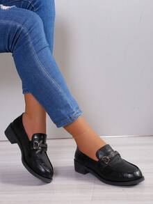 女士时尚金属扣低帮粗跟中跟黑色玛丽珍乐福鞋 - 黑色 - 查看 2