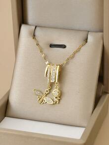 1pc Fashionable Full Rhinestone Dragonfly Stainless Steel Necklace For Women, Cute Insect, Golden Figurine, Gold Necklace, Gold Jewelry, Women's Jewelry, Summer, Beach, Valentine's Day, Carnival, Birthday Gift, Gift For Lover - Insect Man - View 5