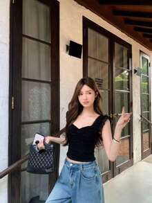 弹力蕾丝上衣，甜美简约设计，百搭休闲短款上衣，修身