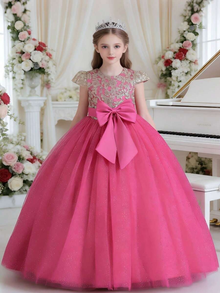 女童蝴蝶结薄纱公主裙短袖派对选美生日婚礼花童连衣裙 - 玫紅色 - 查看 1