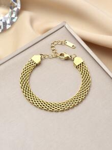 1 Set Stainless Steel Minimalist Grid Chain Necklace And Bracelet Set, Suitable For Women's Daily Wear - Yellow Gold - View 7