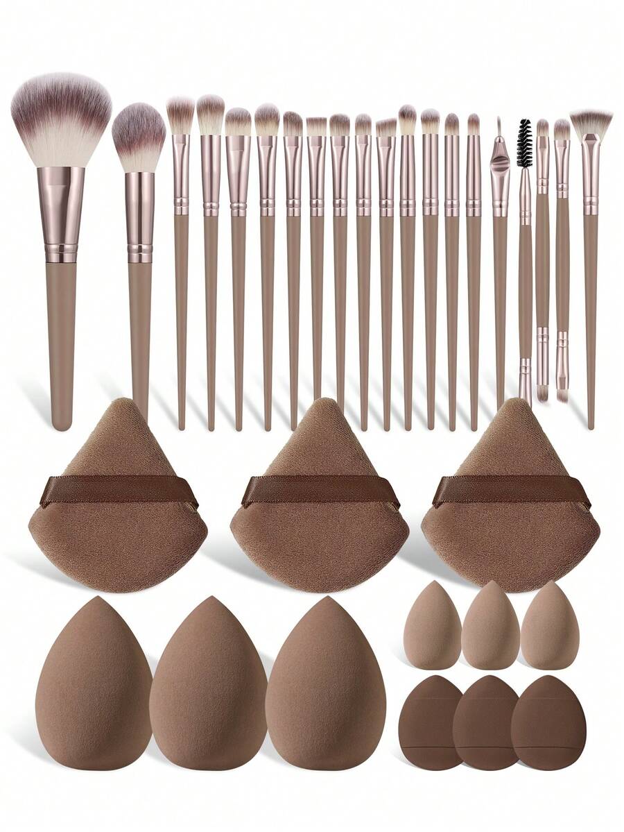 32件套化妆工具套装，包括：20支化妆刷套装+3个三角粉扑+3个化妆海绵+3个迷你化妆海绵+3个迷你气垫粉扑，一应俱全，新手友好 | 方便携带，送礼佳品 | 新手/女性的完美之选 - 彩色 - 查看 1