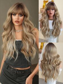 7JHH WIGS Blonde Wig With Bangs Dark Roots Loose Long Wavy Wig Mixed Highlights Gray Hair, Heat-Resistant Synthetic Fiber Hair For Women Daily Wear, Cosplay & Music Festival Party Rave Use 26 Inch - Gray Highlight - View 3
