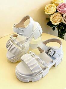 1 Pair Fashion Kids High Heel Sandals, Girls High Heel Sandals, Soft Thick Sole, Casual Party Wedding Sandals, Daily Casual Wear, Beach Sandals, Elementary School Summer Sandals - Beige - View 2