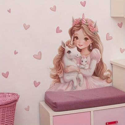 Cartoon Heart Unicorn Girl, Pink Girly Room Decor Stickers, Atmosphere Decoration Children's Room Stickers, Housewarming Gift