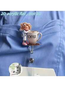 2D Flat Acrylic Nurse ID Badge Holder, 1pc, Coffee Pattern Design - Cute Cartoon Nurse And Coffee Cup Illustration, Durable ID Holder, Suitable For Teachers, Students, Doctors, Office Gifts, Christmas, New Year Gifts, Fun Gifts - Coffee Brown - View 1