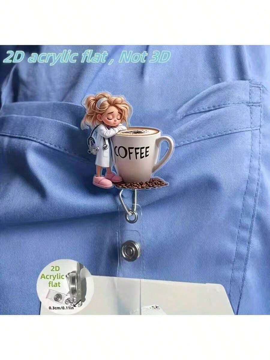2D Flat Acrylic Nurse ID Badge Holder, 1pc, Coffee Pattern Design - Cute Cartoon Nurse And Coffee Cup Illustration, Durable ID Holder, Suitable For Teachers, Students, Doctors, Office Gifts, Christmas, New Year Gifts, Fun Gifts - Coffee Brown - View 1