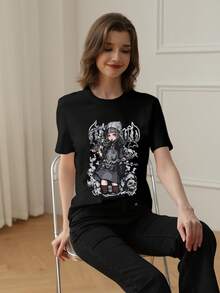 New Summer Z-Gen Y2K Style Women's Graphic Print Crew Neck Short Sleeve T-Shirt - Black - View 2