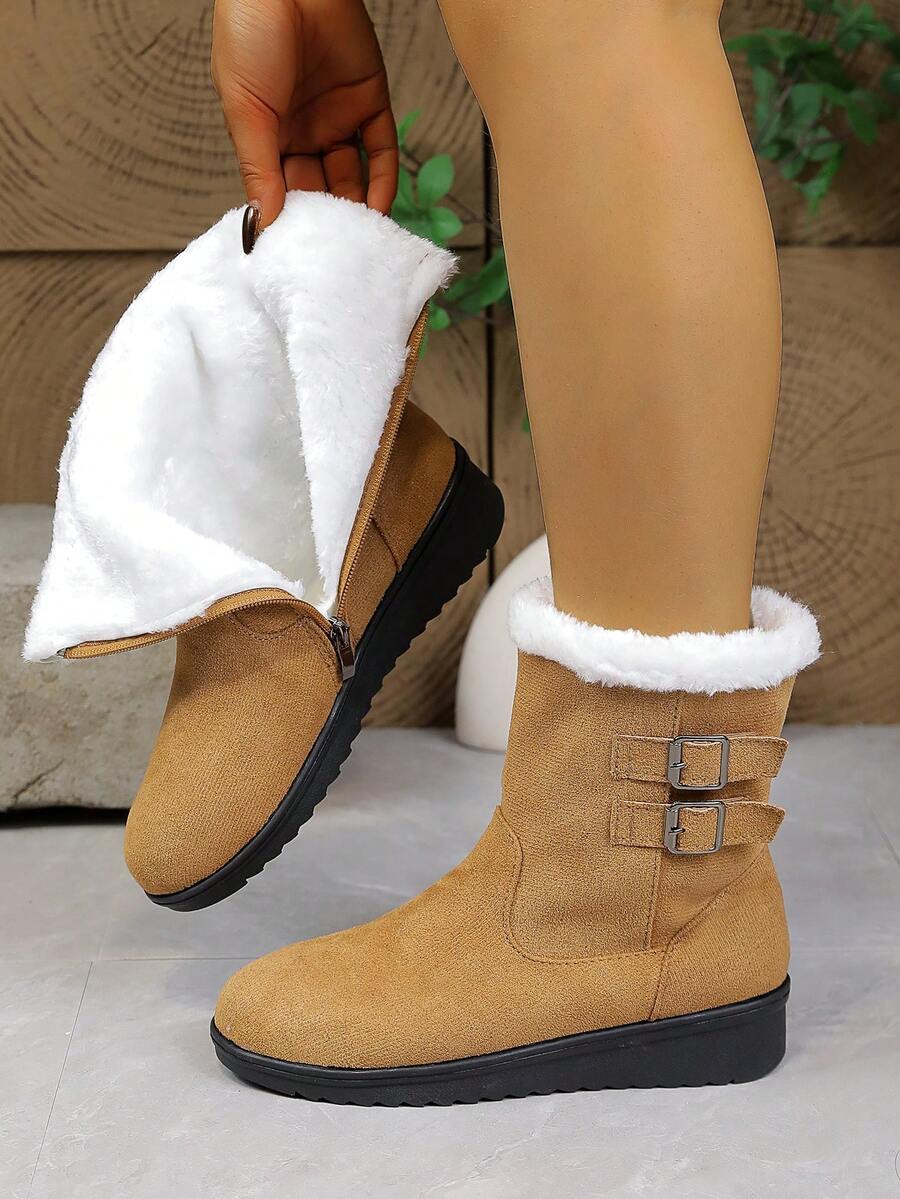 Women's Mid-Calf Snow Boots, Thick Fleece Lining, Wedge Heel, Warm & Soft Material, Side Zipper, Round Toe, Versatile Winter Outdoor Boots (Shoe Mouth And Foot Length Run Small By 1 Size) - 駝色 - 查看 1