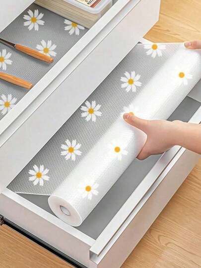 1 Roll Daisy Flower Print Cabinet Liner, Non-Slip Trimmable Drawer Mat, Waterproof EVA Fridge Liner, Easy Clean Kitchen Counter Mat, Great Gift For Valentine's Day, New Year, Mother's Day, Graduation