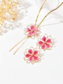 3pcs/Set Summer Fashion Bohemian Colorful Hollow Flower Necklace + Earrings Jewelry Set For Women, Suitable For Casual, Beach, Date, Party, Gift - Gold Pink - View 3