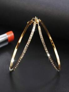 1 Pair Retro Minimalist Rhinestone Alloy Hoop Earrings, Exaggerated Geometric Design - Gold - View 2