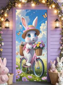 1 pieza Bandera de puerta 2D, Cartel de puerta de Pascua feliz, Decoración de porche con patrón de corona de conejo vibrante, Decoración de Pascua, Regalo, Poliéster brillante, Adecuado para decoración de primavera en el hogar, Decoración colgante para puerta delantera, Suministros de fondo de fotografía - Multicolor - Ver 20