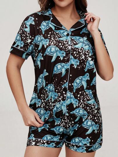 2pcs Women Healing Sea Turtle & Starry Sky Dot Print Short Sleeve Shorts Pajama Set, Comfortable Polo Collar Trim, Knit Top With Front Button, Elastic Waist Pants, Suitable For All Seasons Casual Homewear