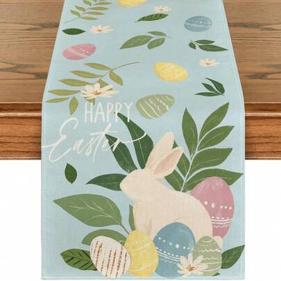 蓝色兔子蛋叶花卉图案春季复活节桌布，适合家庭聚会的春季厨房餐桌装饰
