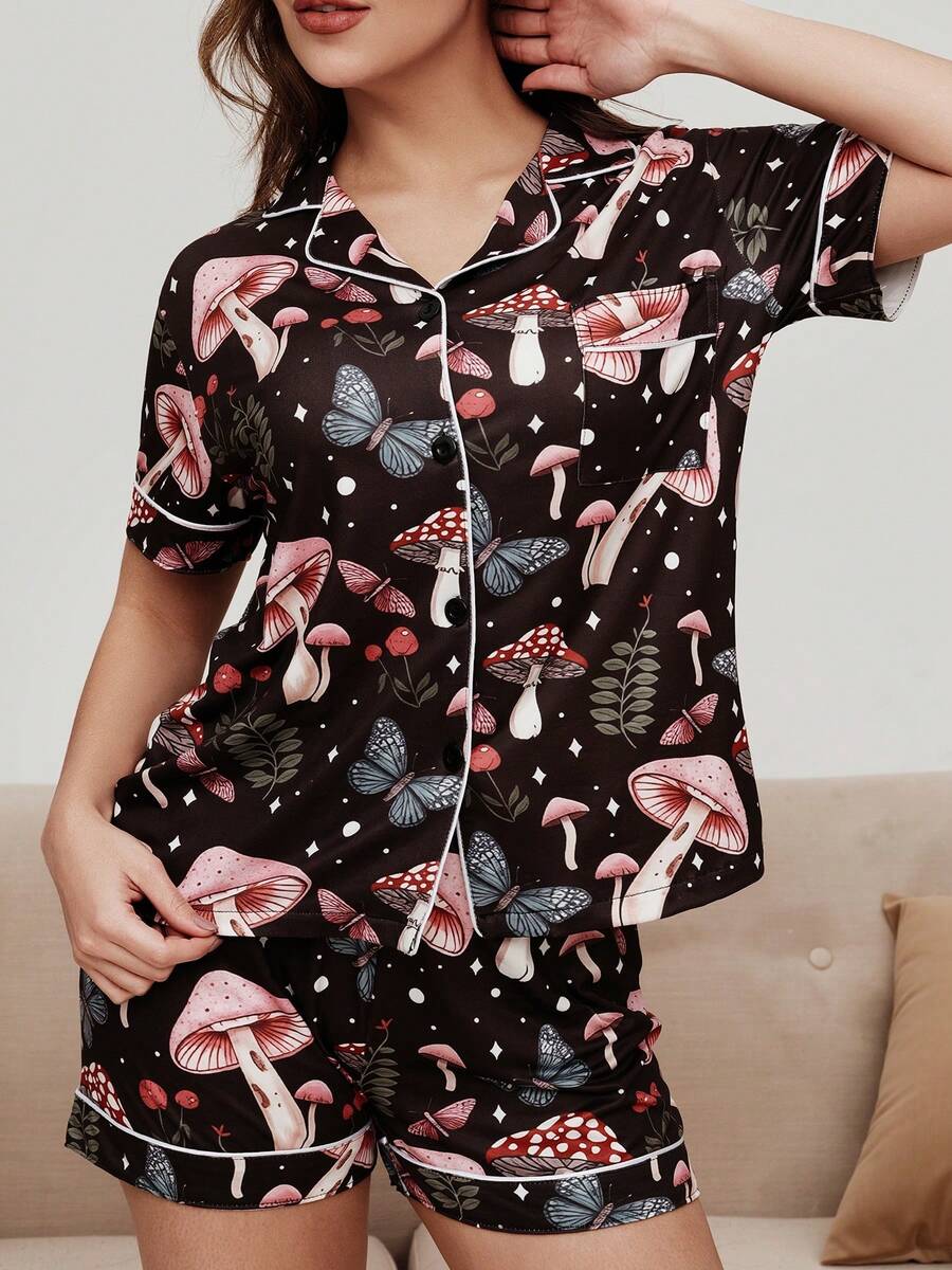 2pcs Women Mushroom, Leaf, Butterfly Print Starry Atmosphere Decorated Short Sleeve Shorts Pajama Set, Comfortable Polo Collar, Ribbed Trim, Versatile, Knit Top With Button Front Pockets, Elastic Waist Pants, Suitable For All Seasons Casual Loungewear - 黑色 - 查看 1