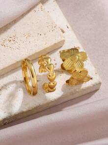 Elegant Minimalist Gold Tone Ring Set - Includes Simple Band, Heart Stacking Ring, And 3D Flower Ring, Versatile For Daily Wear, Commute, And Dates - Gold - View 6