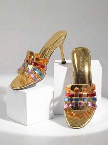 2026 Summer New Women's 9cm Pointed Toe Stilettos, Shiny Gold Color With Colorful Transparent Strap Patchwork, Casual Rhinestone Party & Evening Wear - Gold - View 5