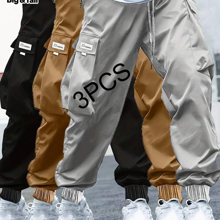 Men'S Plus Size Cargo Pants Set - 3pcs Heavy-Duty Work Pants With Cargo Pockets, Non-Stretch Fabric, All-Season Trousers For Construction, Hiking, Everyday - Bulk Cargo Pants For Men, Hiking Gear, Casual Style, Durable Construction - 灰色 - 查看 1