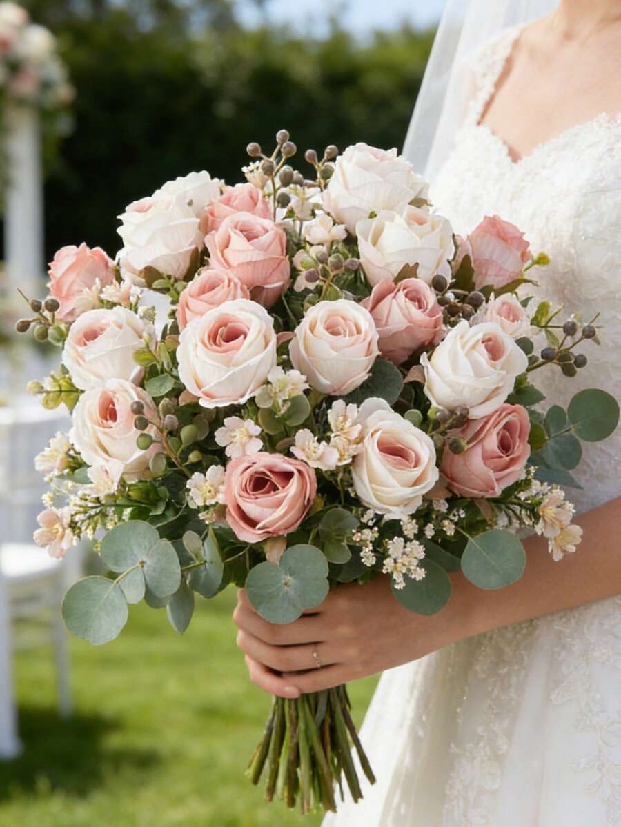 1/3件人造絲綢玫瑰花束,適用於春季/秋季裝飾、婚禮花瓶、居家裝飾、餐廳、臥室、浴室、廚房(由於光線、螢幕等原因,可能存在輕微色差) - 粉色 - 查看 1