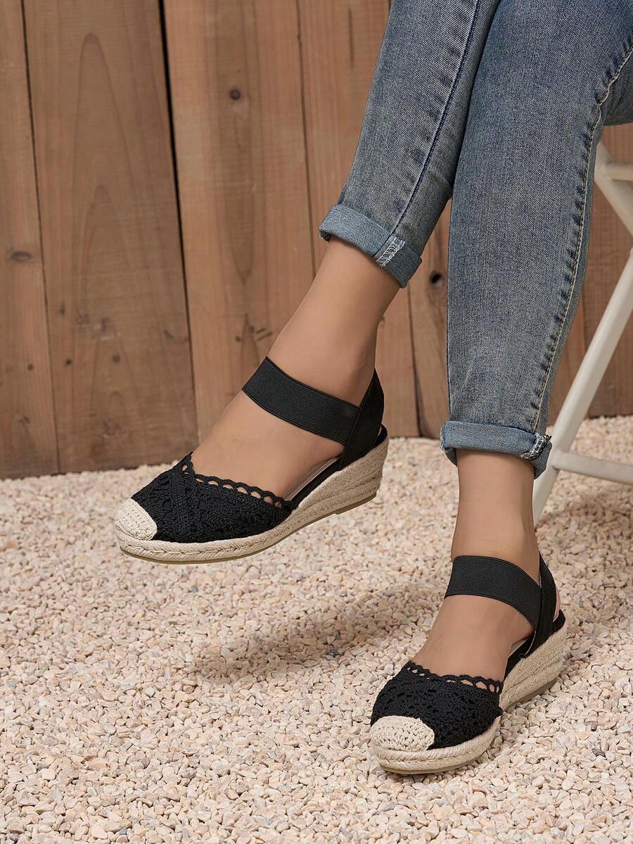 Breathable Rope Wedge Sandals With Closed Toe Design, Fashionable And Lightweight - Black - View 1