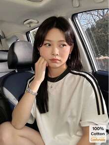 2026春夏新款短袖中长款T恤女装，时尚撞色条纹上衣 - 白色 - 查看 4