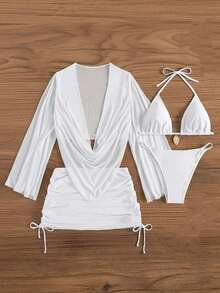 4pcs Sexy Solid Color Bikini Set With Sheer Cover-Up, Suitable For Vacation, Beach Party, Also Ideal For New Year And Valentine's Day, Exuding Elegance And Avant-Garde, Perfect Choice For Casual Women In Spring/Summer - 白色 - 查看 6